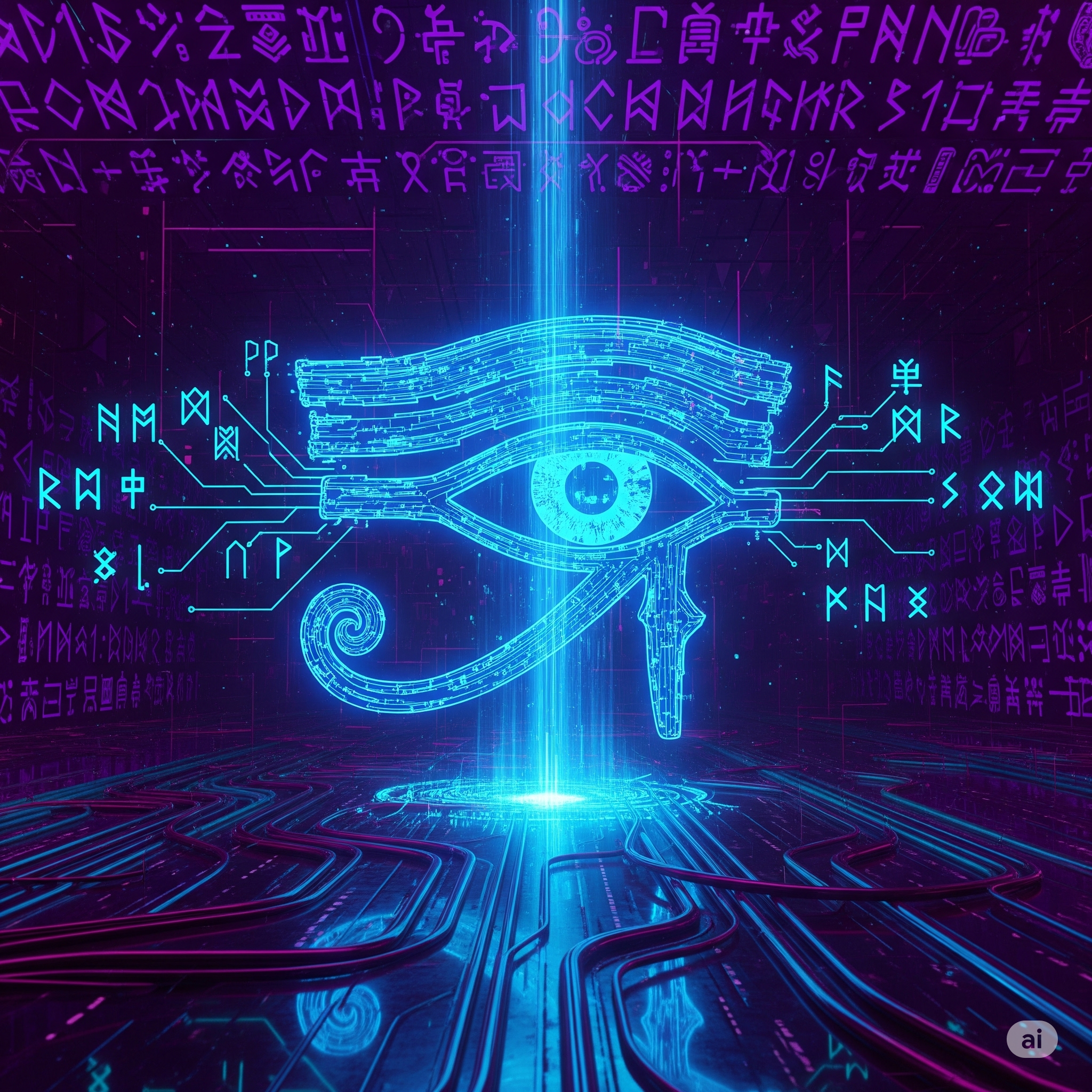 Futuristic glowing hieroglyphs on a dark metal wall